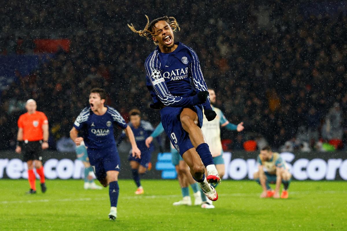 Paris St Germain's Bradley Barcola celebrates scoring their second goal against Manchester City at Parc des Princes, Paris, France