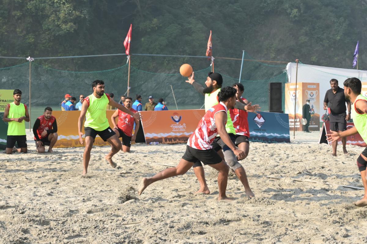 Action from the Beacb Volleyball match played in Shivpuri in Uttarakhand on Monday