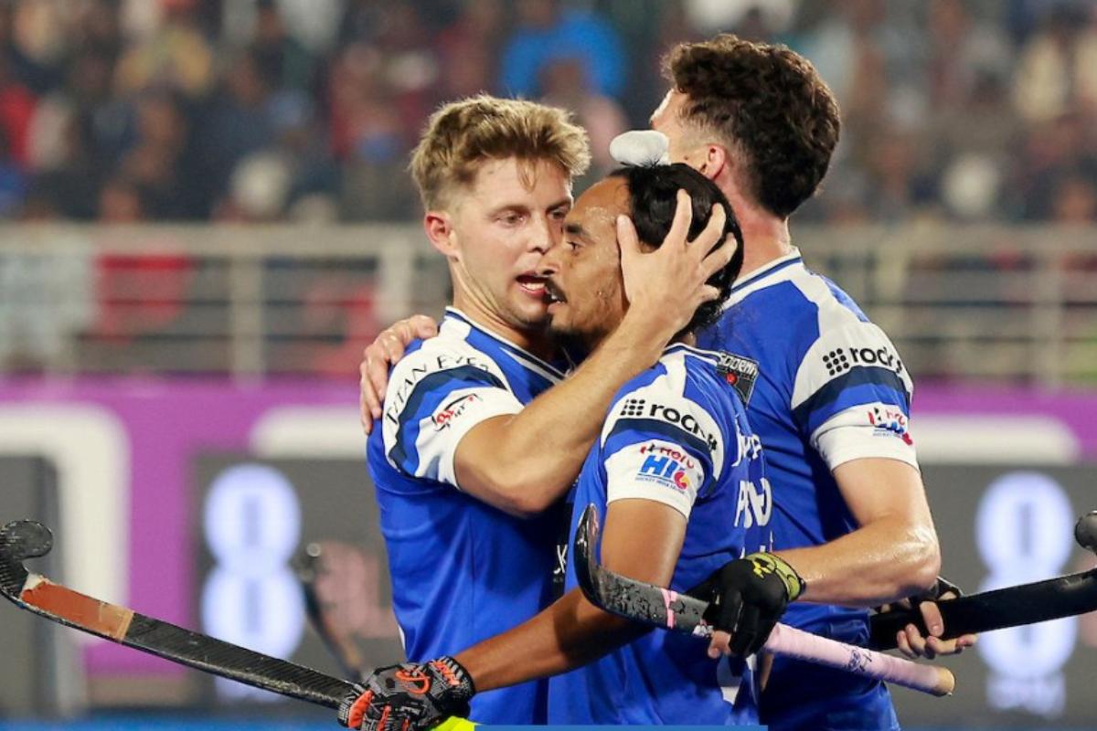 JSW Soorma Hockey Club players celebrate during the HIL match against Lancers on Monday