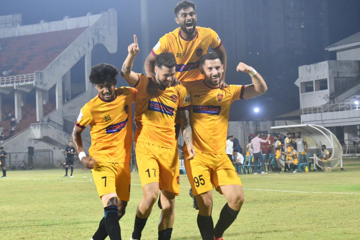 Gokulum Kerala FC players celebrate a goal against Bengaluru on Wednesday