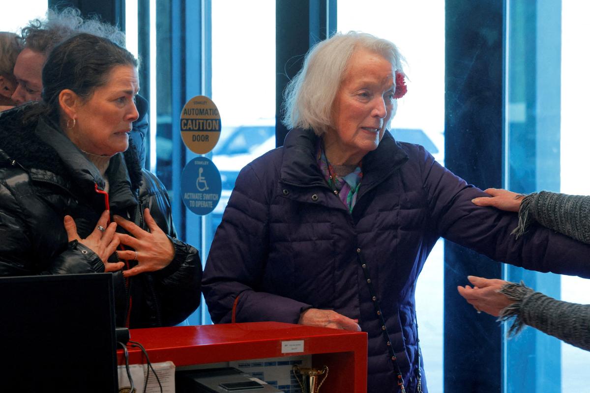 Olympic silver medalist Nancy Kerrigan and gold medalist Tenley Albright are greeted as they arrive at the Skating Club of Boston, home of athletes Jinna Han and Spencer Lane, and coaches Vadim Naumov and Evgenia Shishkova, all of whom died in the crash of American Eagle flight 5342 in Washington, DC, in Norwood, Massachusetts, US, on Thursday January 30, 2025