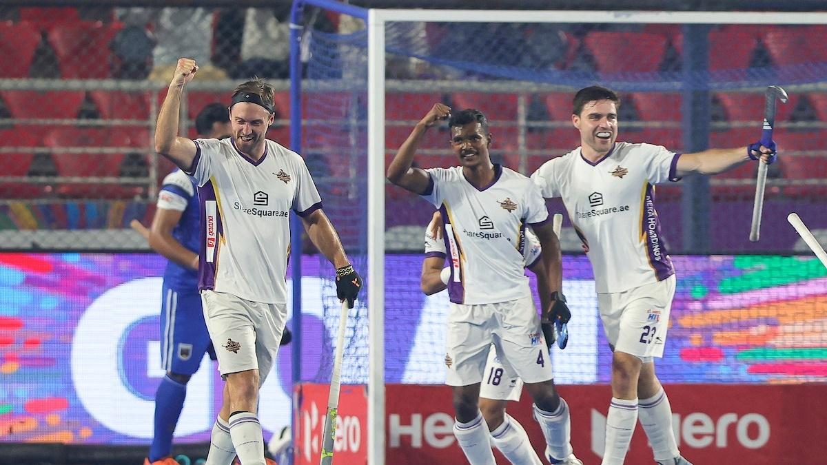 Shrachi Rarh Bengal Tigers players celebrate victory over Tamil Nadu Dragons via the penalty shoot-out in the Hockey India League match in Rourkela on Friday.