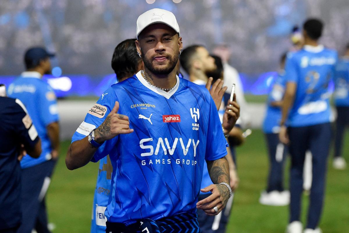 Al Hilal's Neymar poses for a picture after winning the Saudi Pro League in May 2024