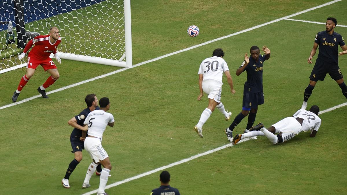 Gonzalo Garcia scores for Real Madrid with a header during the FIFA Club World Cup Round of 16 match against Juventus at Hard Rock Stadium, Miami Gardens, Florida, on Tuesday.