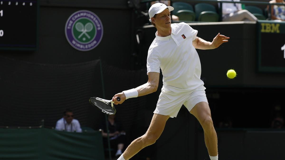 Italy's Jannik Sinner hits a forehand during his match against compatriot Luca Nardi on Tuesday, Day 2 of The Wimbledon Championships, at the All England Lawn Tennis and Croquet Club.