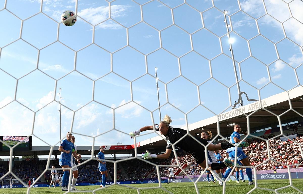 Finland's Katariina Kosola sends the ball past goalkeeper Cecilia Runarsdottir to the top corner of the Iceland goal during the Women's Euro 2025 Group A match at Stockhorn Arena, Thun, Switzerland, on Wednesday.