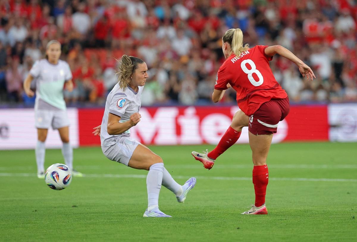 Nadine Riesen fires the ball to put Switzerland ahead in the match.