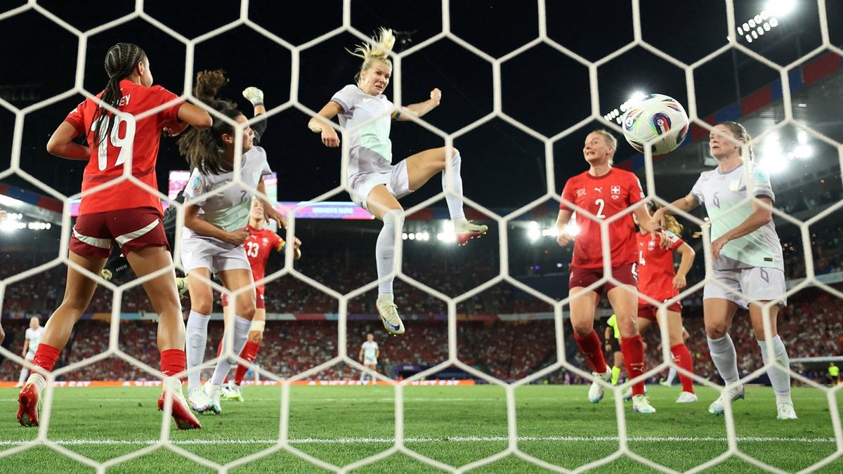 Ada Hegerberg heads the ball from a corner to score Norway's second goal during the Euro 2025 Group A match against Switzerland at St. Jakob-Park, Basel, Switzerland, on Wednesday.