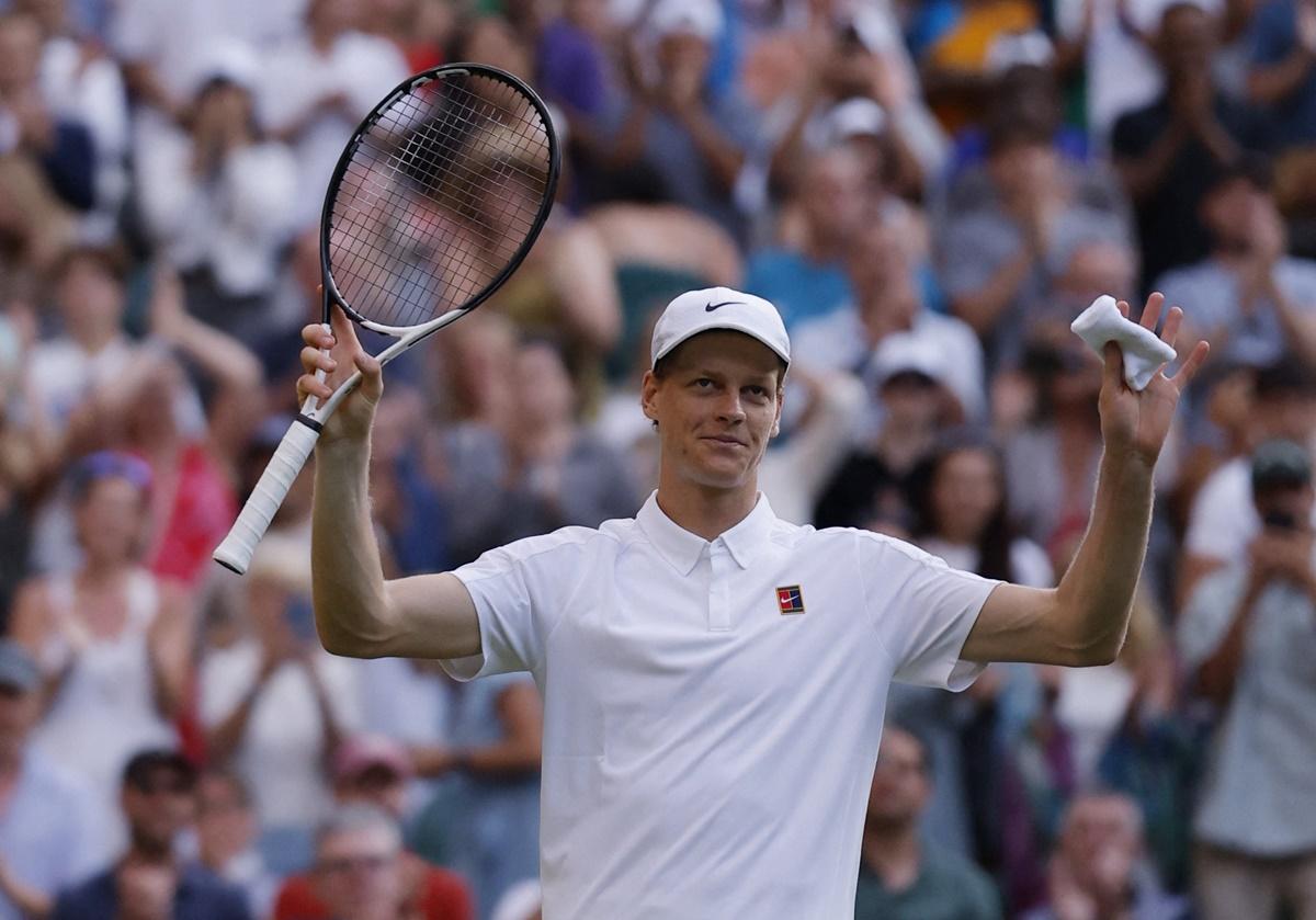 Italy's Jannik Sinner celebrates winning his second round match against Australia's Aleksandar Vukic.