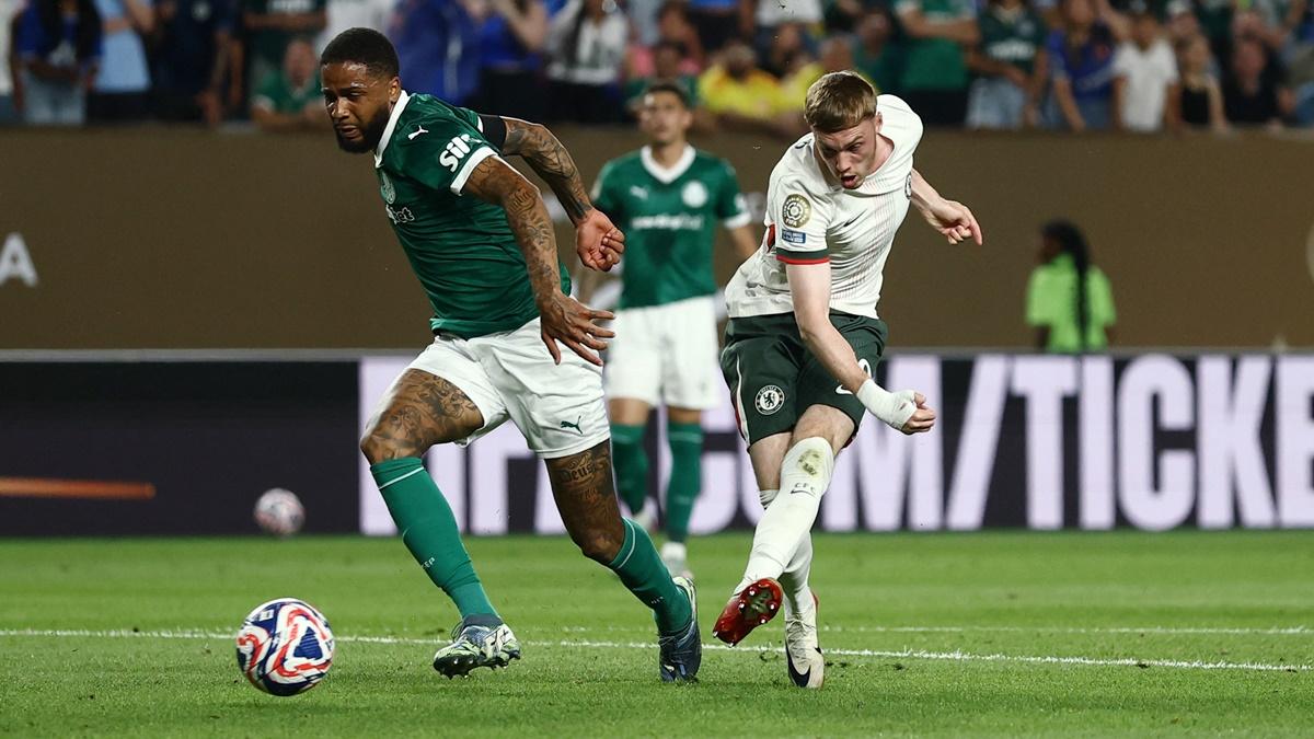 Cole Palmer shoots at goal to score Chelsea's first goal during the FIFA Club World Cup quarter-final against Palmeiras at Lincoln Financial Field, Philadelphia, Pennsylvania, US, on Friday.