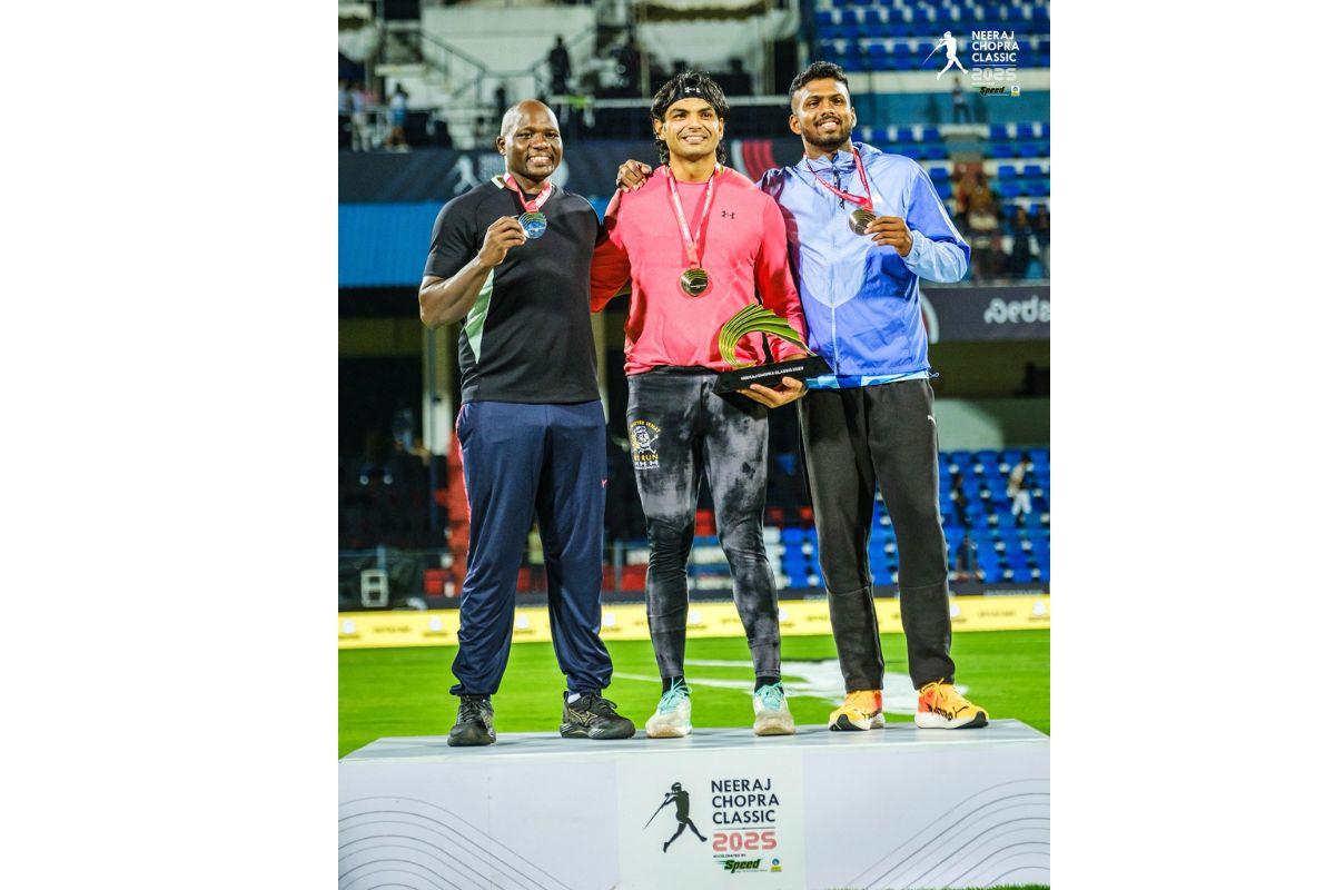 Neeraj Chopra with Julius Yego and Rumesh Pathirage on the podium