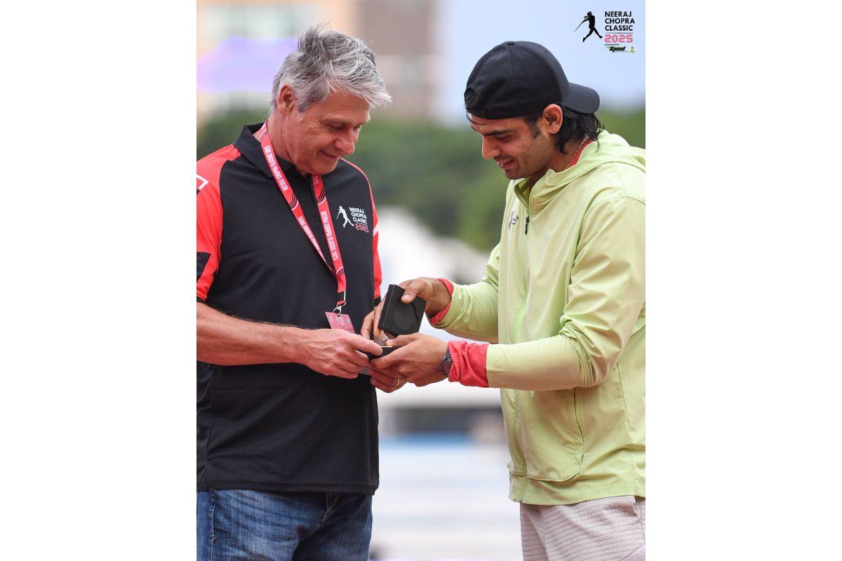 Neeraj Chopra honours the legend, and his coach Jan Železný at the NC Classic on Saturday