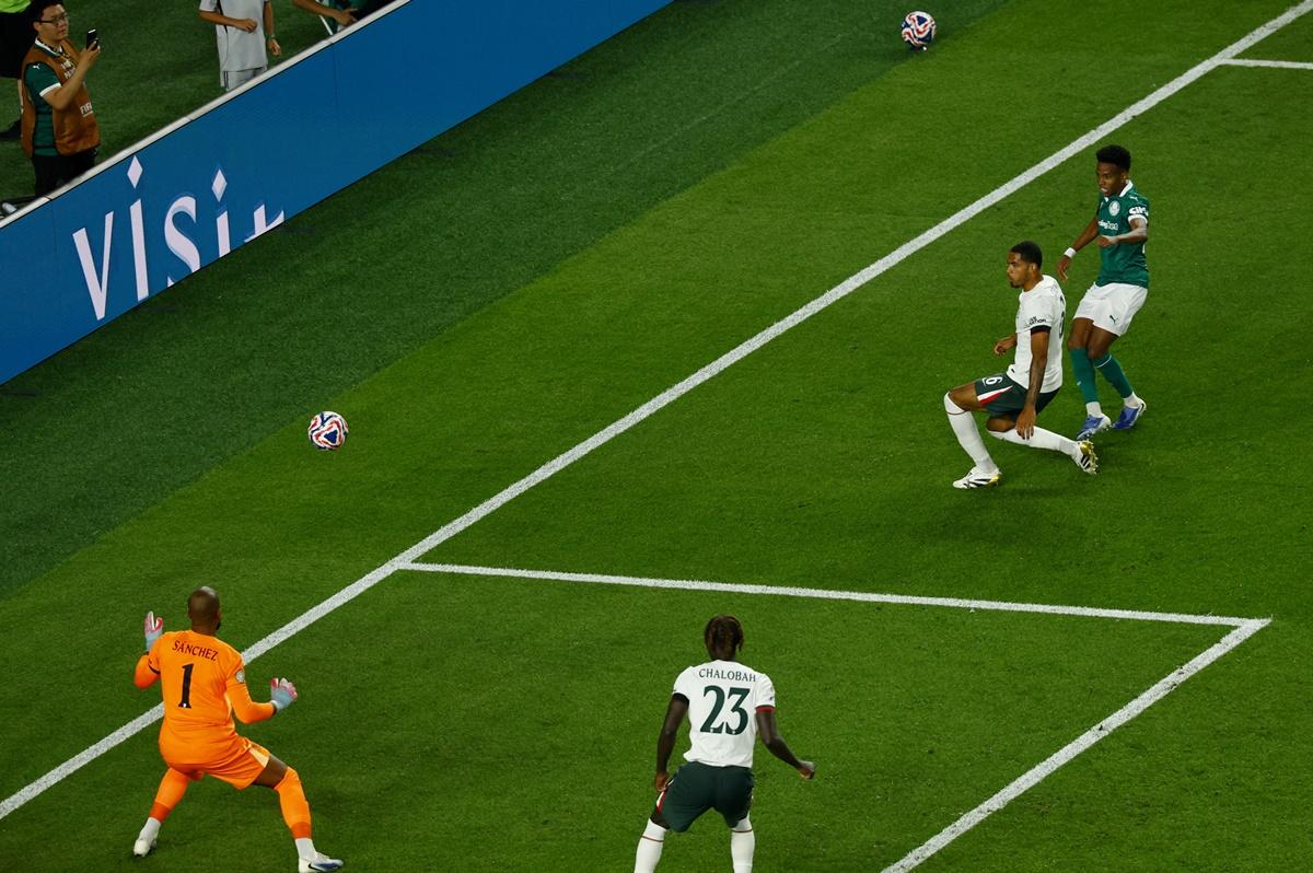 Estevao sends the ball to the roof of the Chelsea goal from an acute angle to restore parity for Palmeiras.