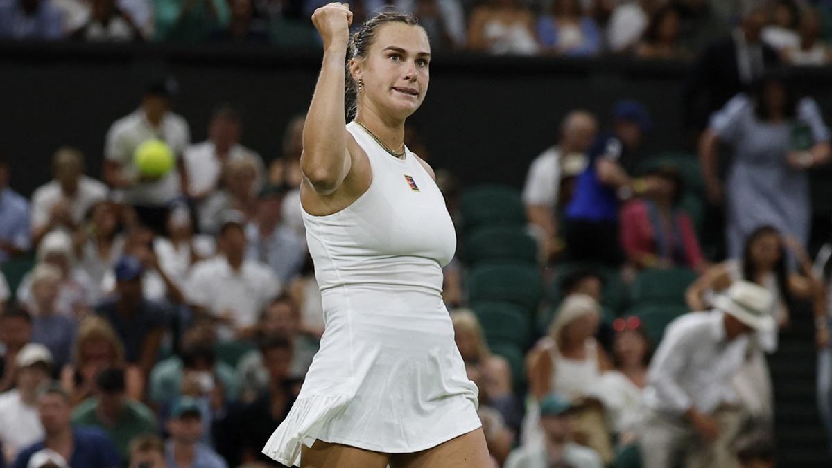 Belarus's Aryna Sabalenka celebrates winning her Wimbledon Championships third round match against Britain's Emma Raducanu.