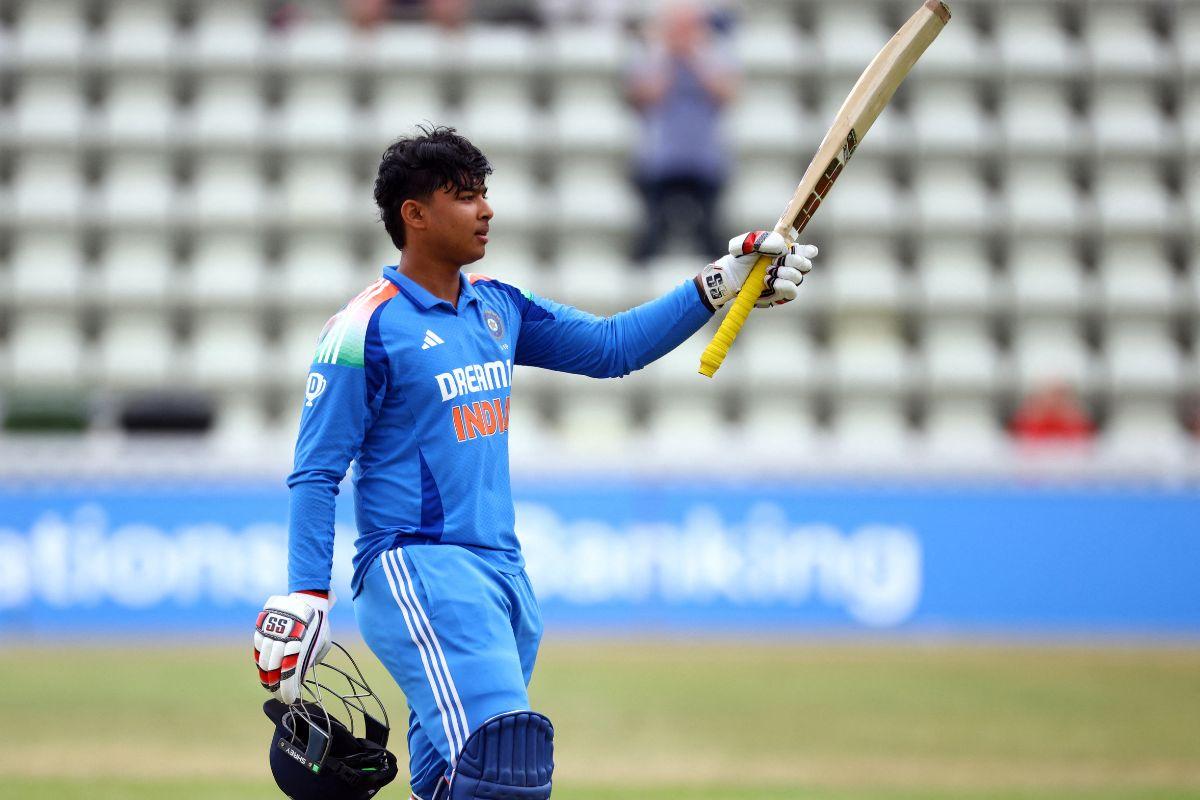 India's Vaibhav Suryavanshi celebrates after completing their century against England in the 4th  Youth One Day match at New Road, Worcester, Britain on Saturday
