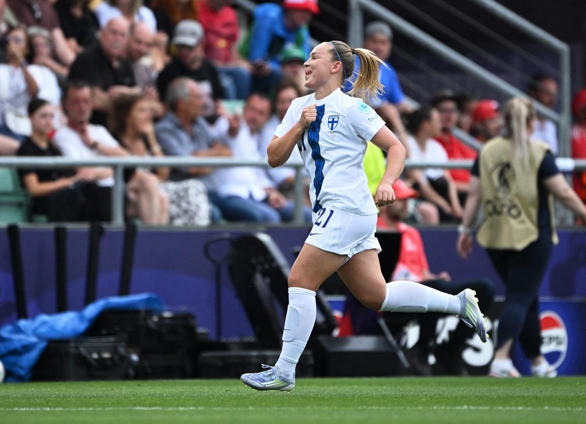 Oona Sevenius celebrates scoring for Finland.