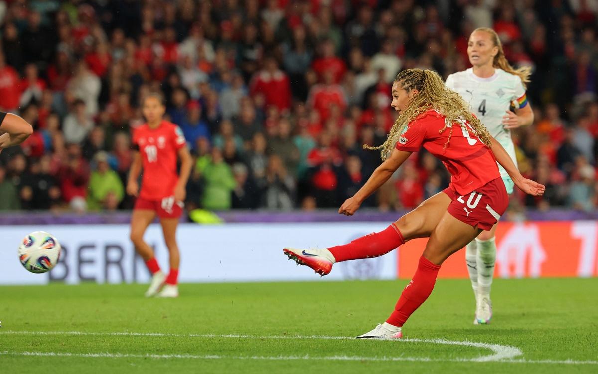 Alayah Pilgrim fires the ball home for Switzerland's second goal.
