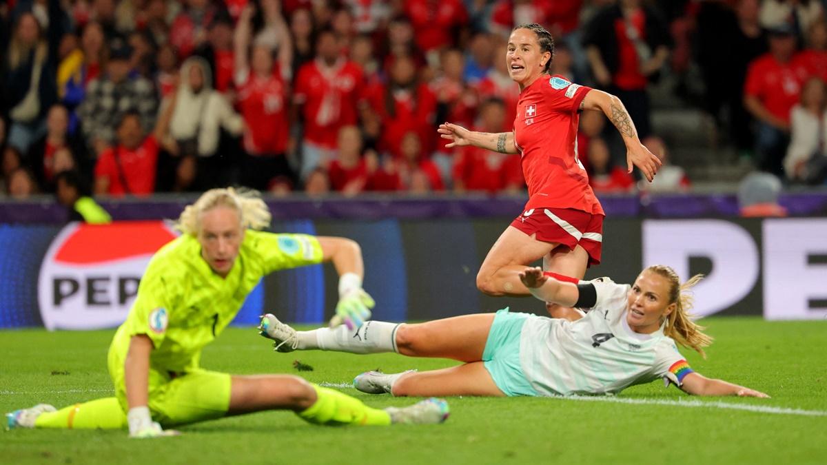 Geraldine Reuteler scores Switzerland's first goal past Iceland's Cecilia Runarsdottir during the Women's Euro 2025 Group A match at Wankdorf Stadium, Bern.