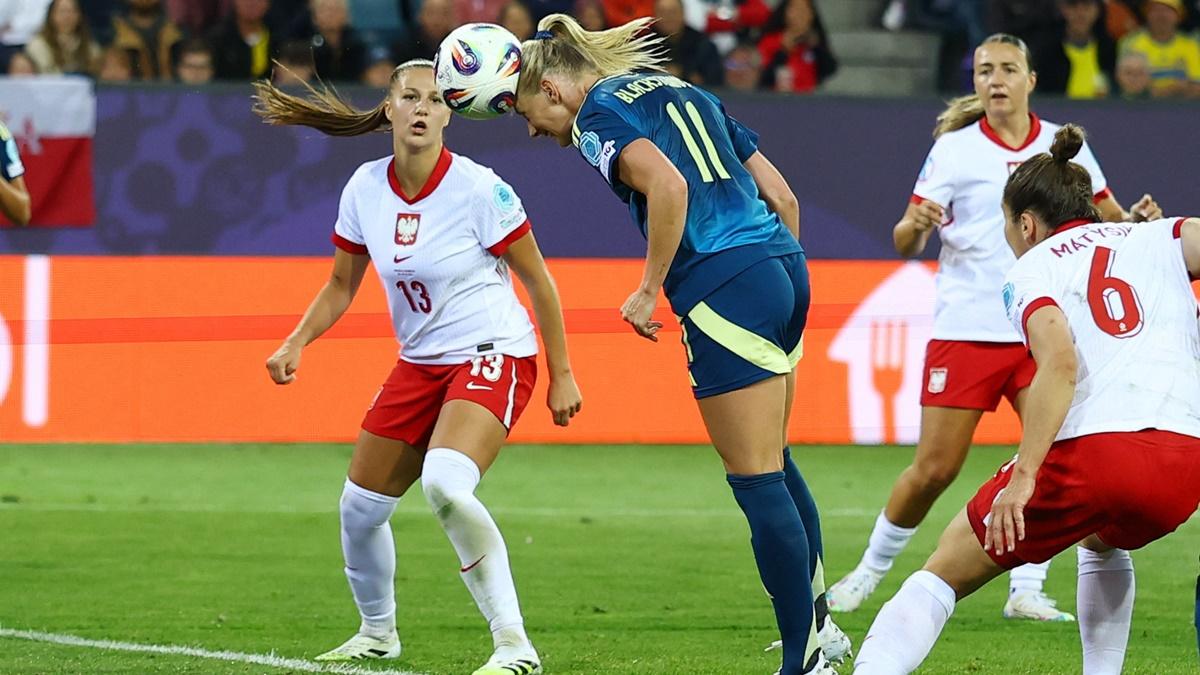 Stina Blackstenius heads the ball into the Poland net for Sweden's opening goal during the Women's Euro 2025 Group C match at Stadion Allmend, Lucerne, Switzerland, on Tuesday.
