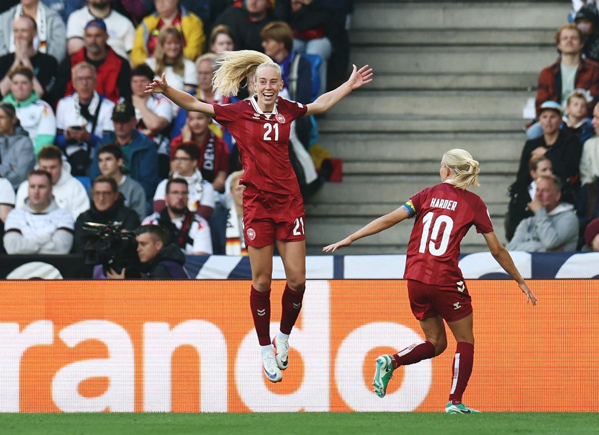 Amalie Vangsgaard celebrates putting Denmark ahead in the match.