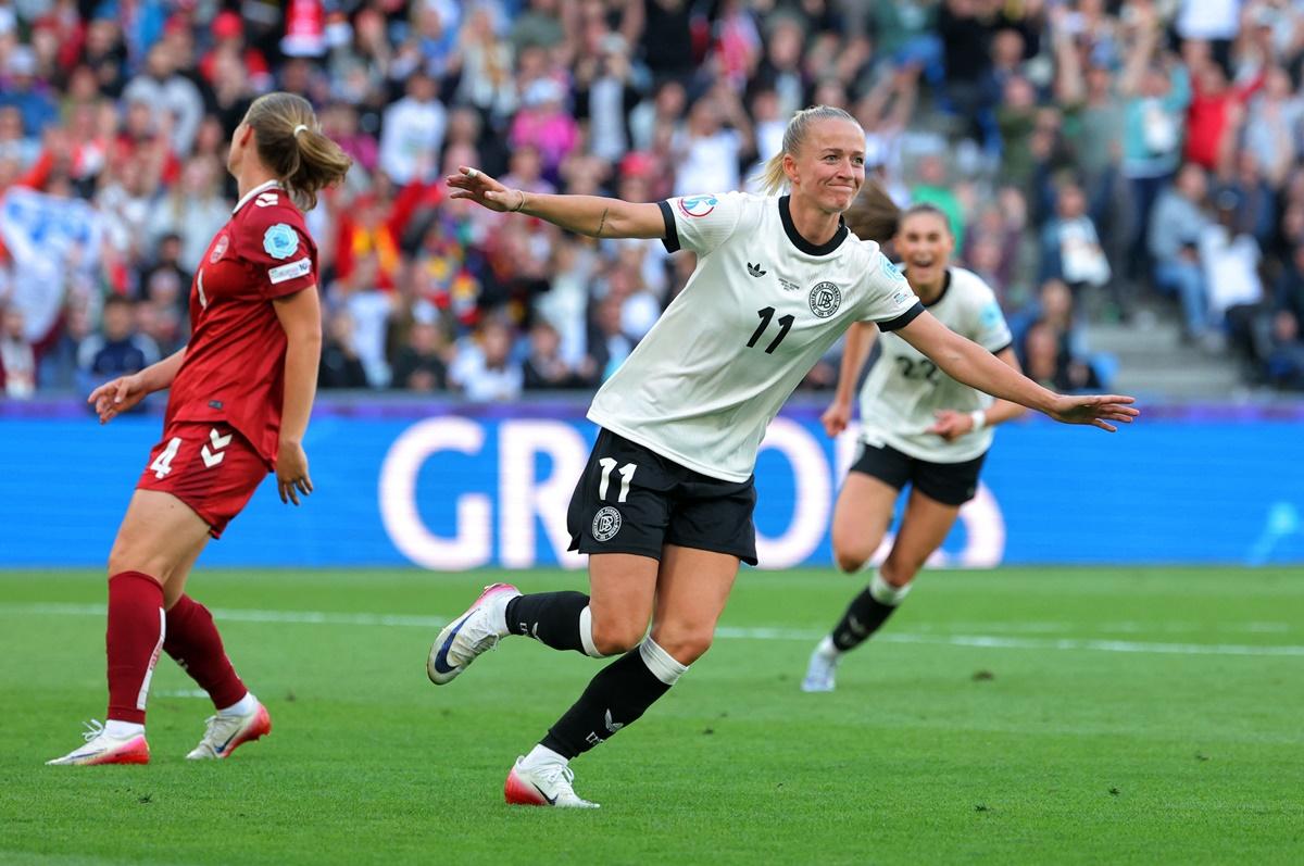 Lea Schuller celebrates scoring Germany's second goal.