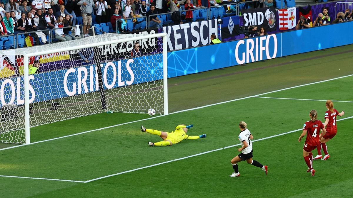 Lea Schuller scores Germany's second goal during the Women's Euro 2025 Group C match against Denmark at St. Jakob-Park, Basel, Switzerland.