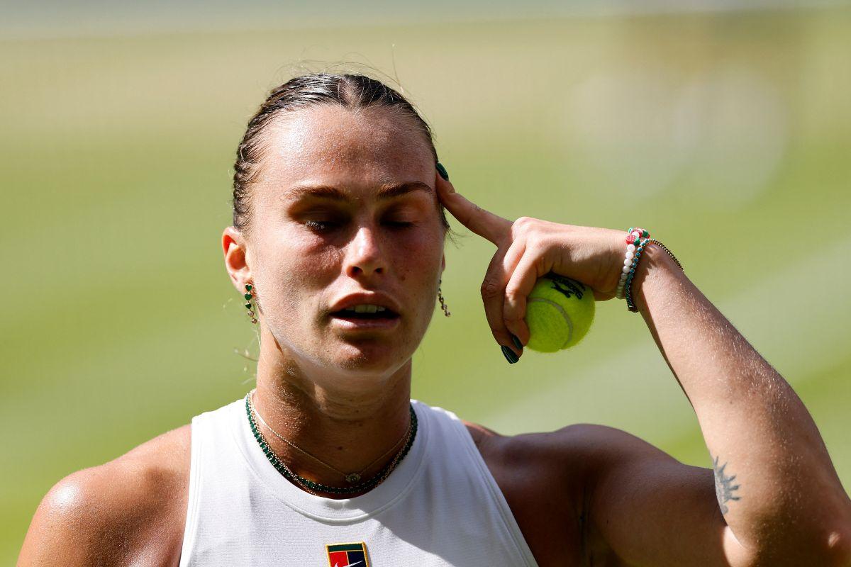 Belarus' Aryna Sabalenka reacts during her semi final match against Amanda Anisimova