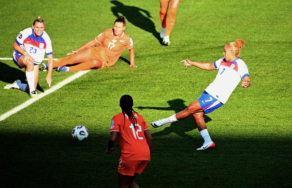 Lauren James scores England's third goal.