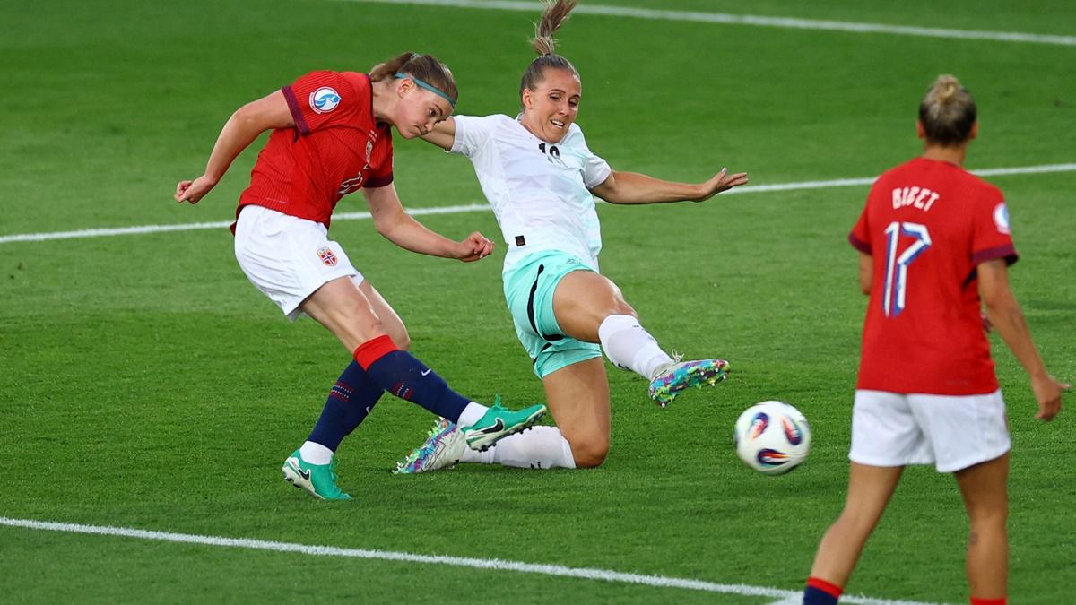 Signe Gaupset scores Norway's first goal during the Women's Euro 2025 Group A match against Iceland at Stockhorn Arena, Thun, Switzerland, on Thursday.