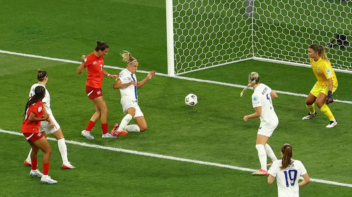 Riola Xhemaili taps the ball into the Finland goal in added time to earn Switzerland's a draw in the  Women's Euro 2025 Group A match at Stade de Geneve, Geneva, Switzerland.