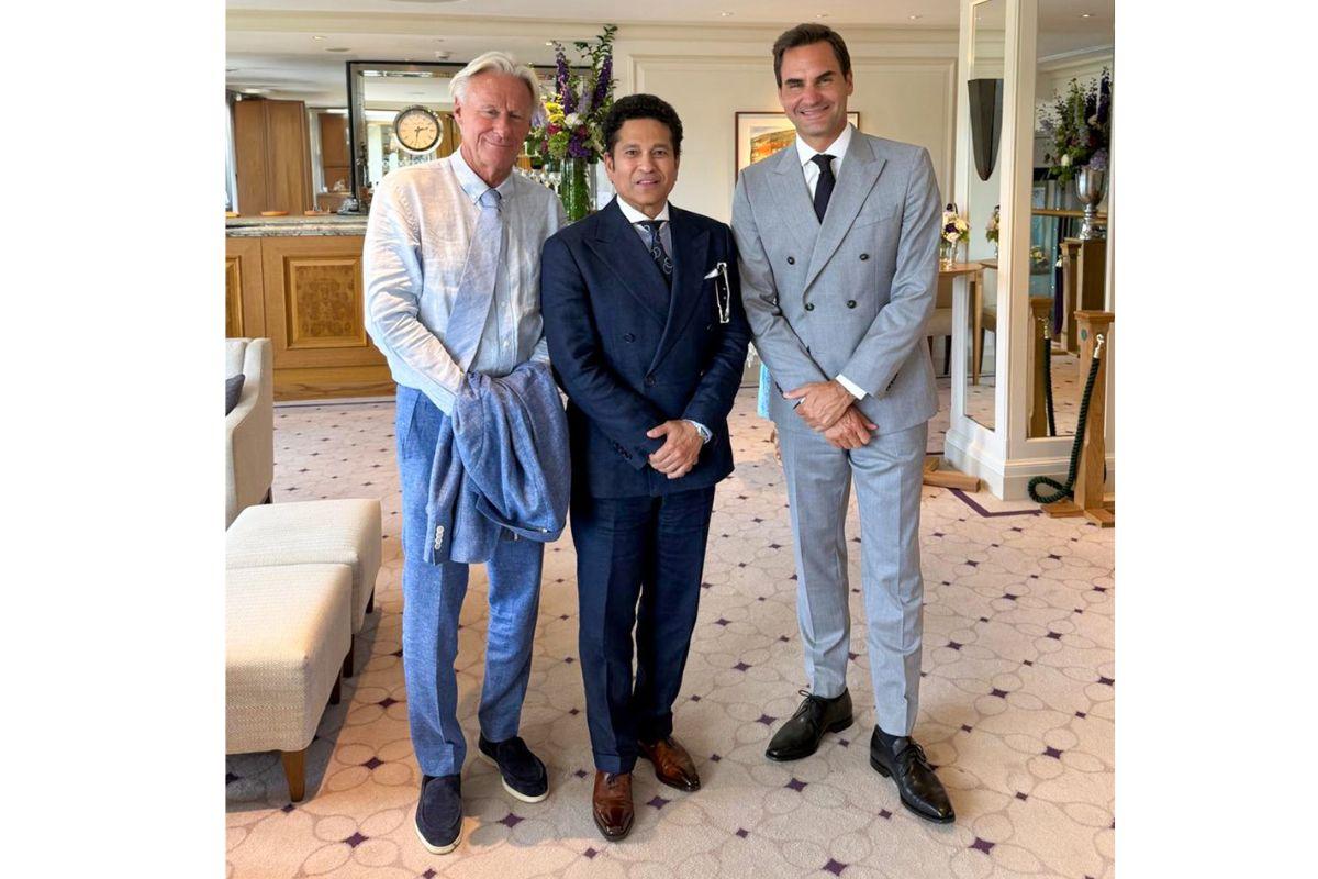 Sachin Tendulkar with five-time Wimbledon champion Bjorn Borg and 8-time Wimbledon champion Roger Federer at Wimbledon on Friday