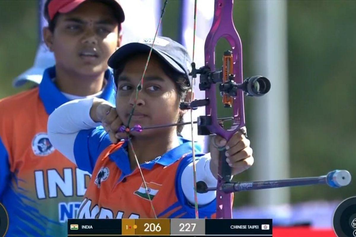 Prithika Pradeep in action during her silver medal-winning tie in the Archery World Cup Stage 4 in Madrid on Saturday