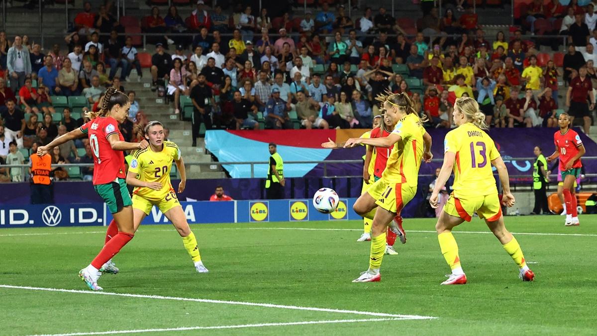 Janice Cayman scores Belgium's second goal deep into injury time to sink Portugal in their final Group B game at Stade de Tourbillon, Sion, Switzerland.