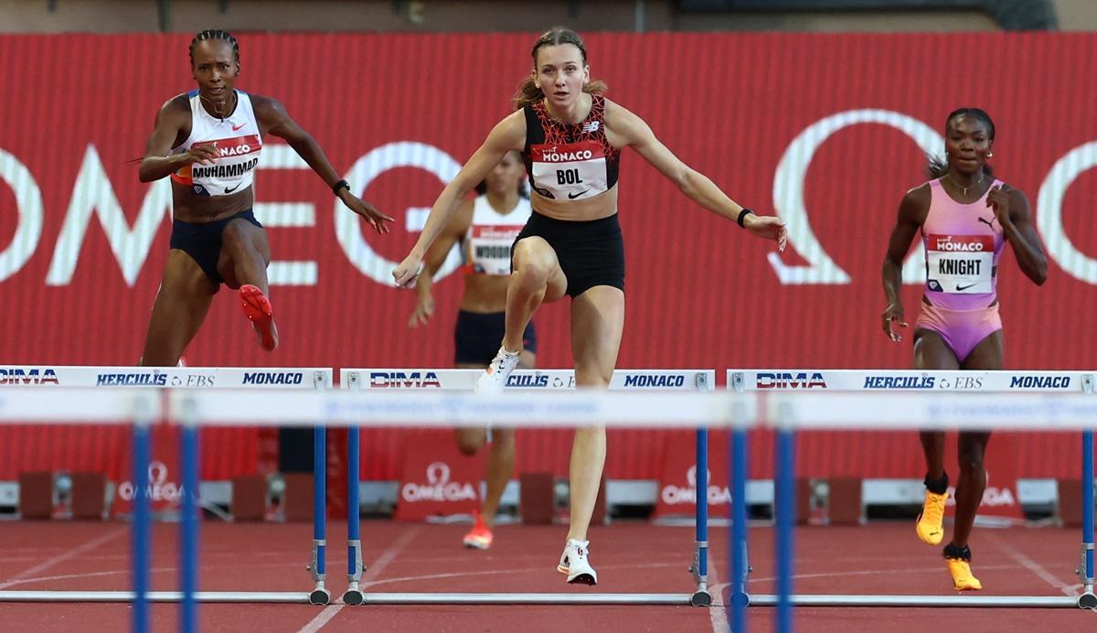 Jamaica's Andrenette Knight, the Netherlands's Femke Bol and Dalilah Muhammad of the United States during the women's 400m hurdles.