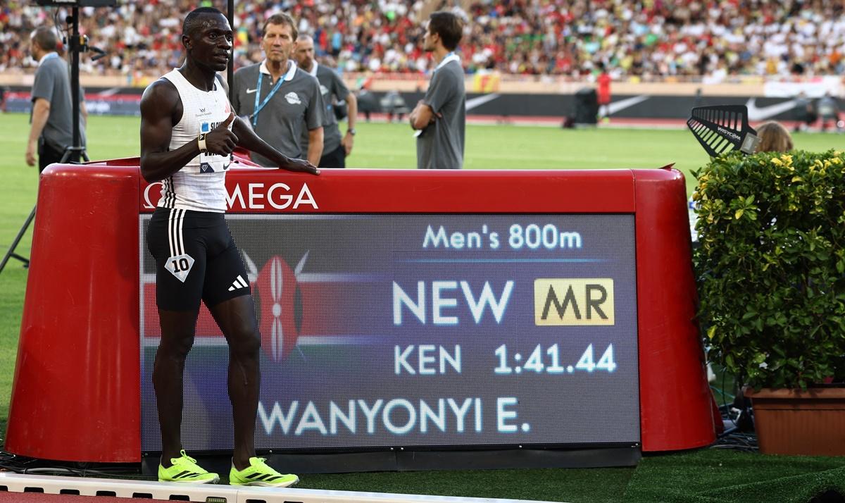 Kenya's Emmanuel Wanyonyi celebrates after setting a new meet record and winning the men's 800m final.