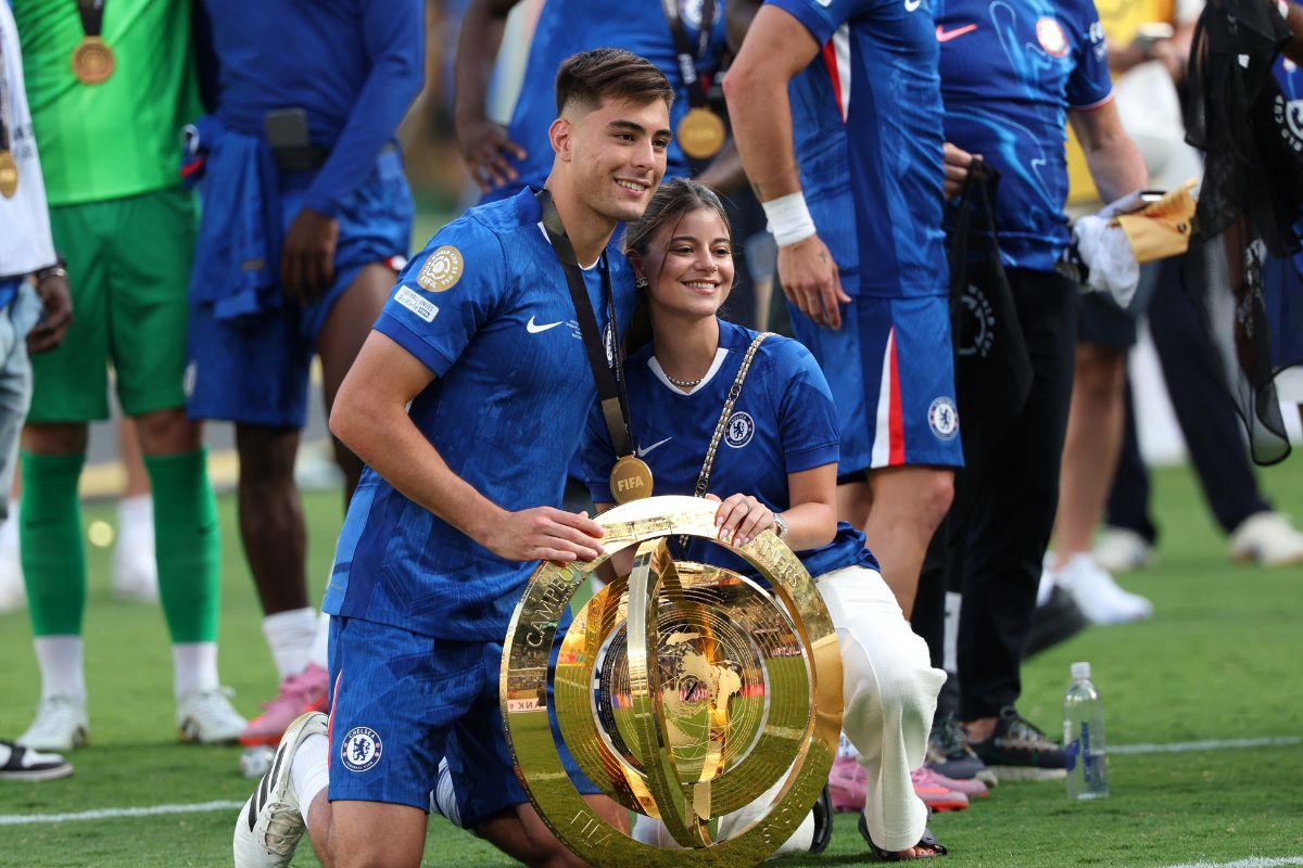 Chelsea's Aaron Anselmino celebrates with the trophy after winning the FIFA Club World Cup 