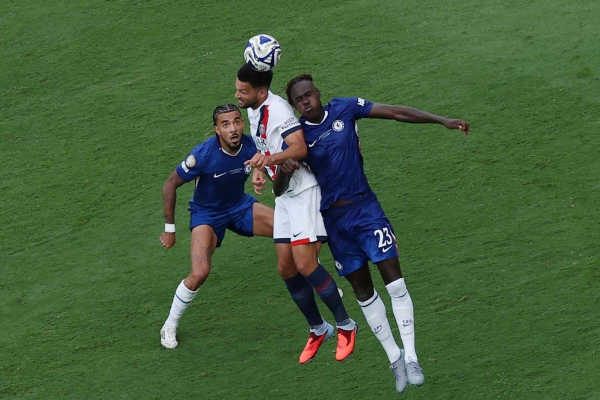 Chelsea's Malo Gusto and Trevoh Chalobah in action with Paris St Germain's Goncalo Ramos