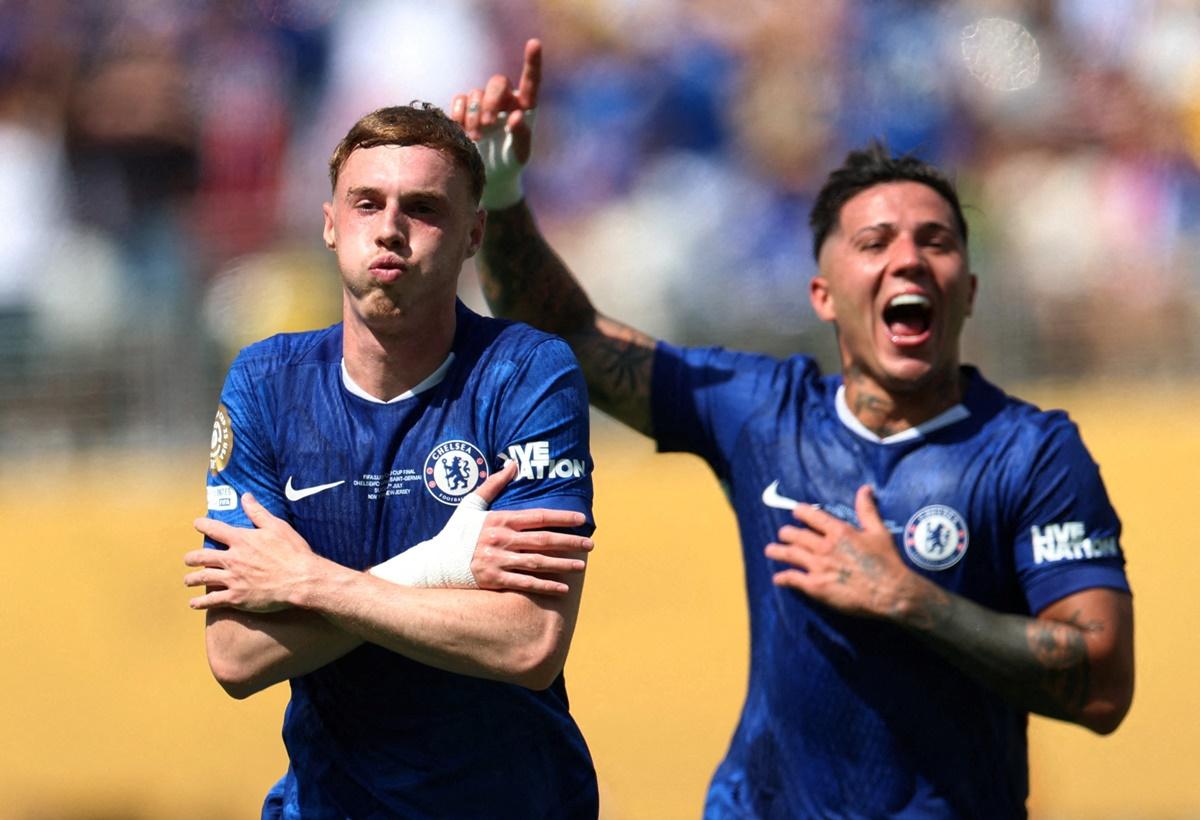 Cole Palmer celebrates with Enzo Fernandez after scoring Chelsea's second goal during the final.