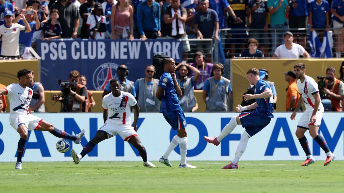 Cole Palmer puts Chelsea ahead in the Club World Cup final against Paris St Germain at MetLife stadium, East Rutherford, New Jersey, on Sunday.