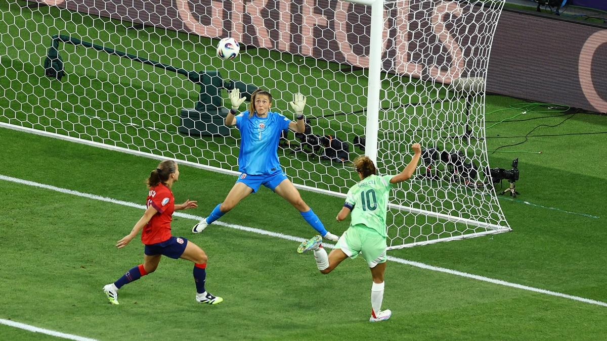 Cristiana Girelli scores Italy's second goal in the women's Euro 2025 quarter-final against Norway at Stade de Geneve, Geneva, Switzerland, on Wednesday.