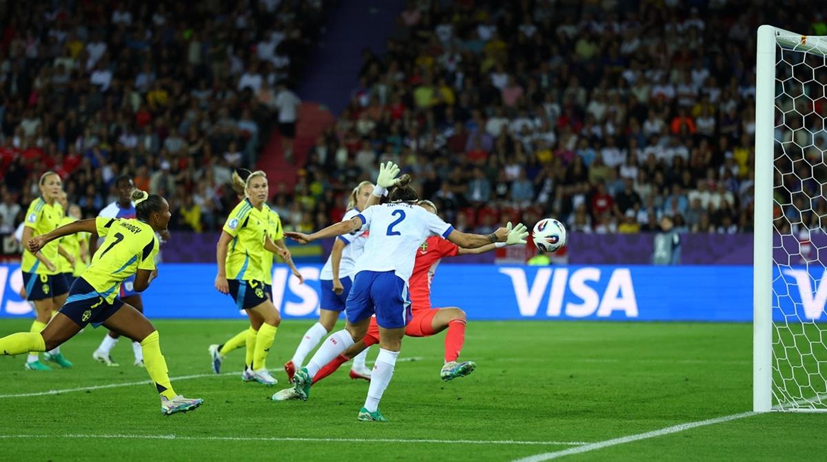 Lucy Bronze pulls a goal back for England in the 79th minute.