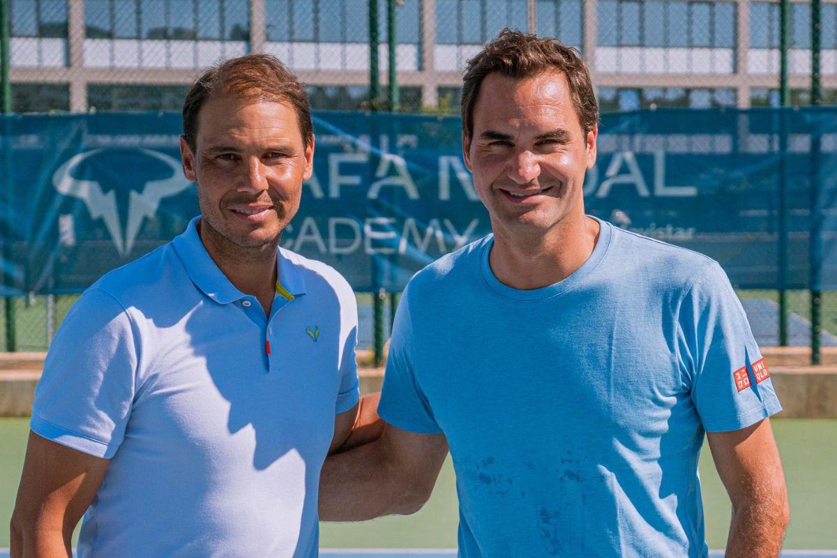 Roger Federer and Rafael Nadal at the Rafa Nadal Academy in Mallorca on Thursday