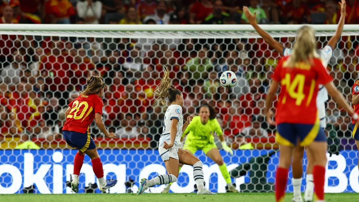 Claudia Pina scores Spain's second goal during the women's Euro 2025 quarter-final Switzerland, at Stadion Wankdorf, Bern, Switzerland, on Friday.