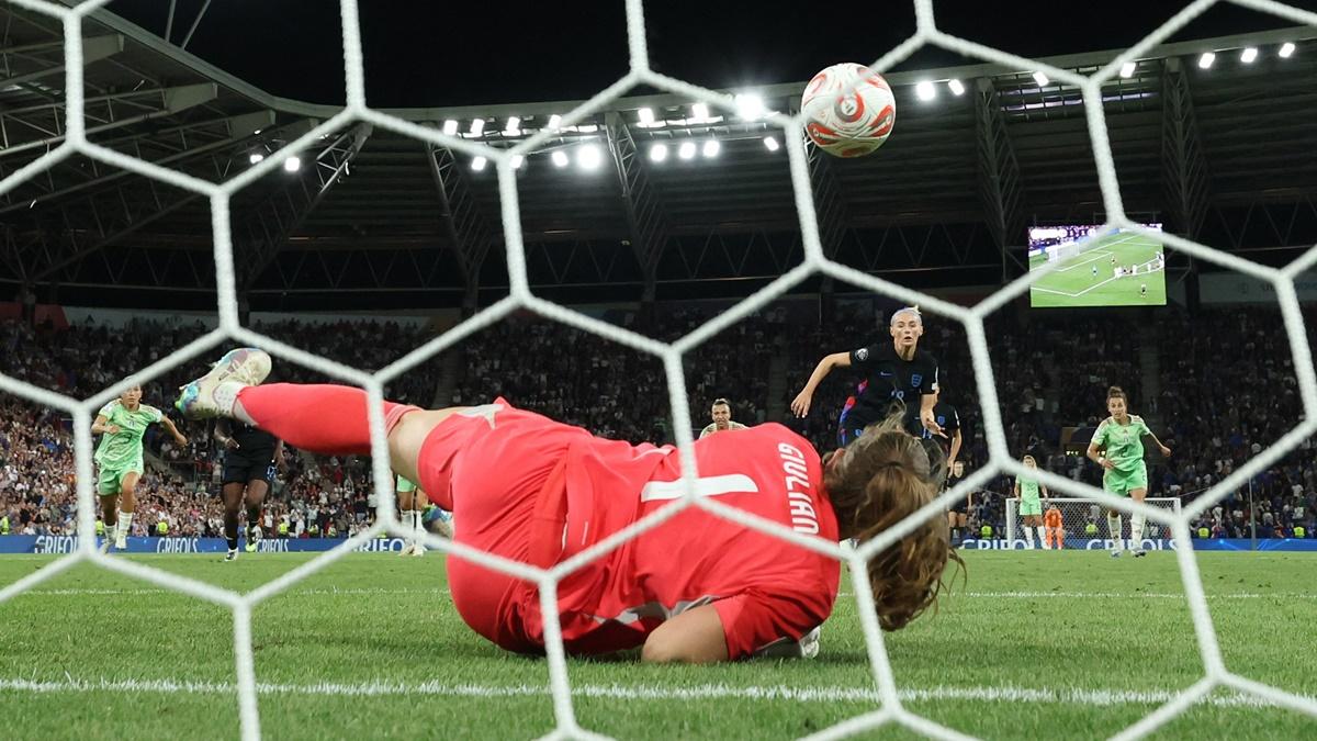 Chloe Kelly scores England's match-winner past Italy's goalkeeper Laura Giuliani from a rebound after missing the penalty in extra-time during the women's Euro 2025 semi-final at Stade de Geneve, Lancy, Switzerland, on Tuesday.