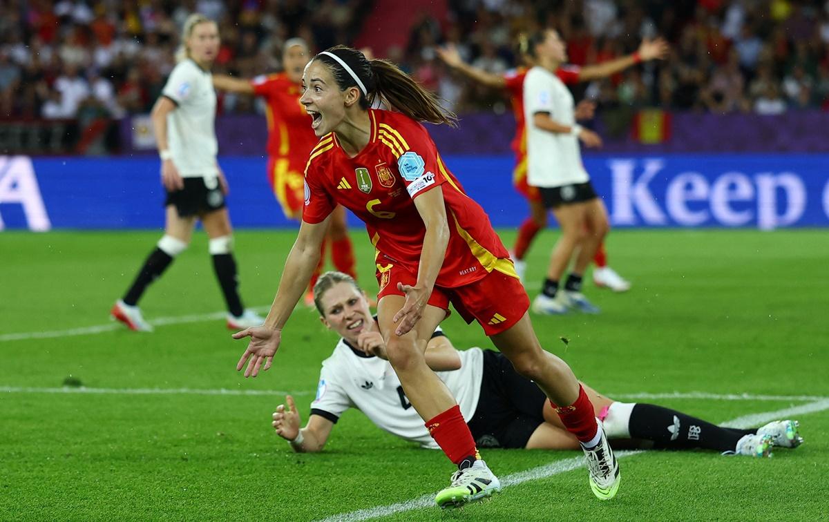 Aitana Bonmati breaks into celebration after scoring the match-winner for Spain.