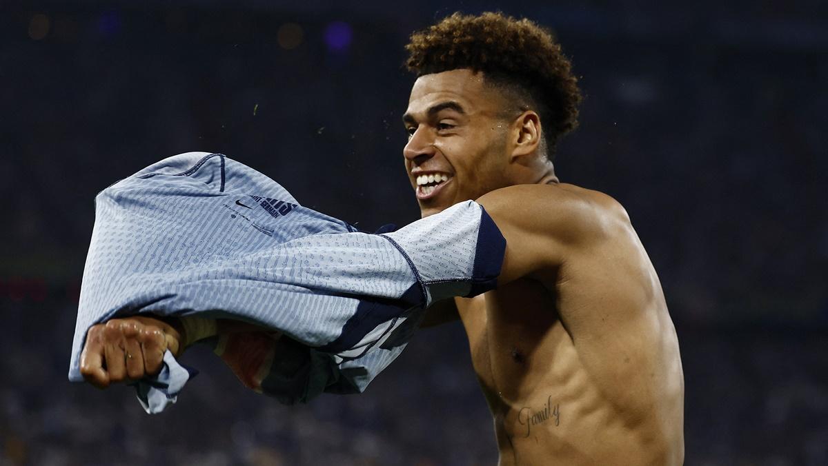 Desire Doue breaks into celebration after scoring Paris St Germain's third goal.