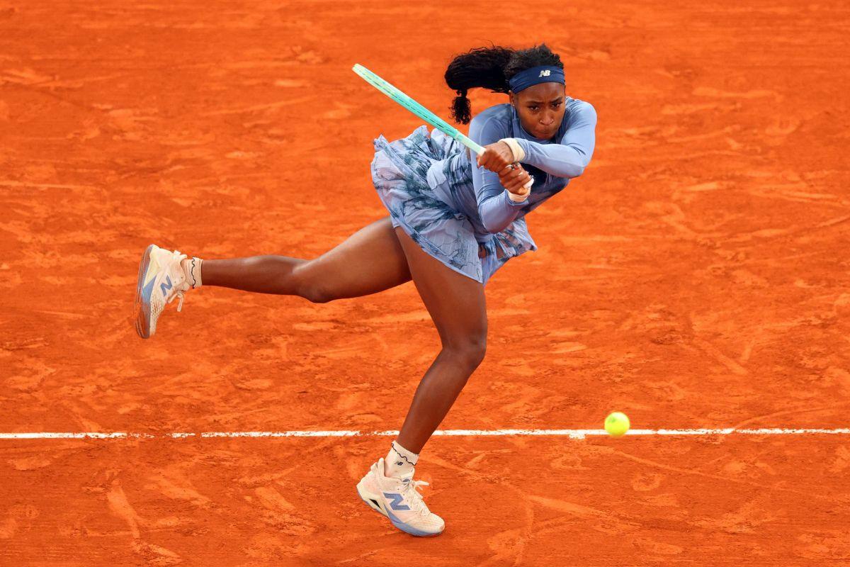 USA's Coco Gauff in action during her quarter-final match against compatriot Madison Keys 