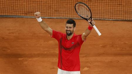 Serbia's Novak Djokovic celebrates victory over Germany's Alexander Zverev in the quarter-finals of the French Open at Roland Garros, Paris, on Wednesday.