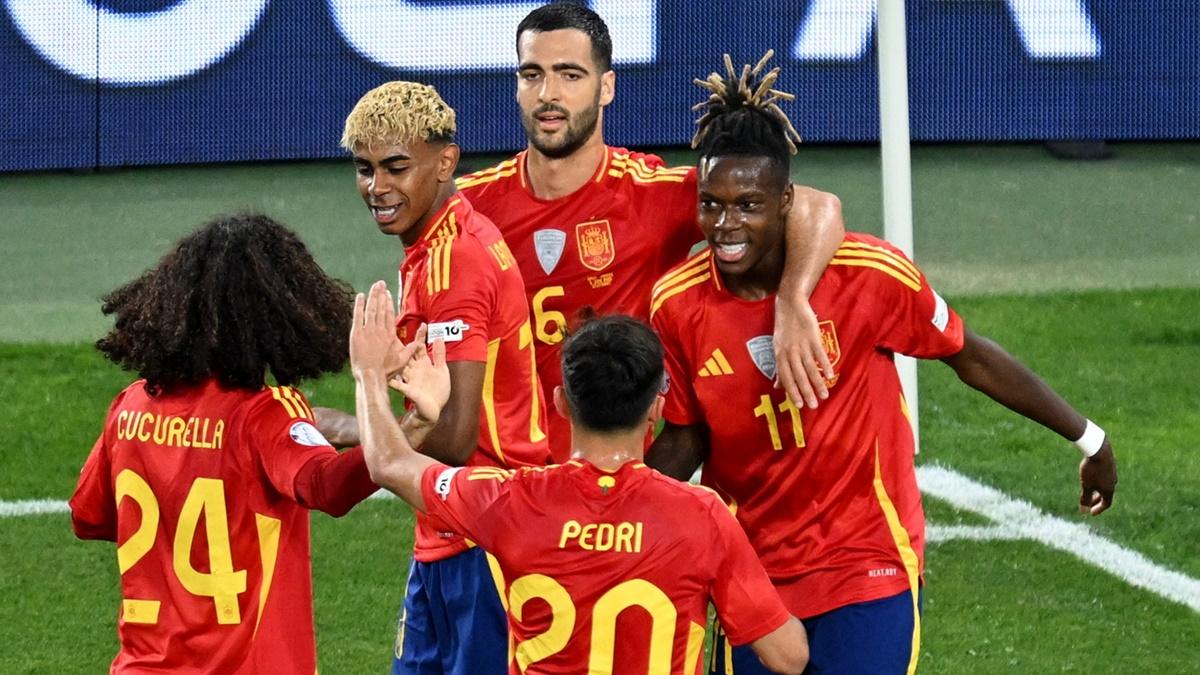Nico Williams celebrates with teammates after putting Spain ahead in the Nations League semi-final against France at MHPArena, Stuttgart, Germany, on Thursday.