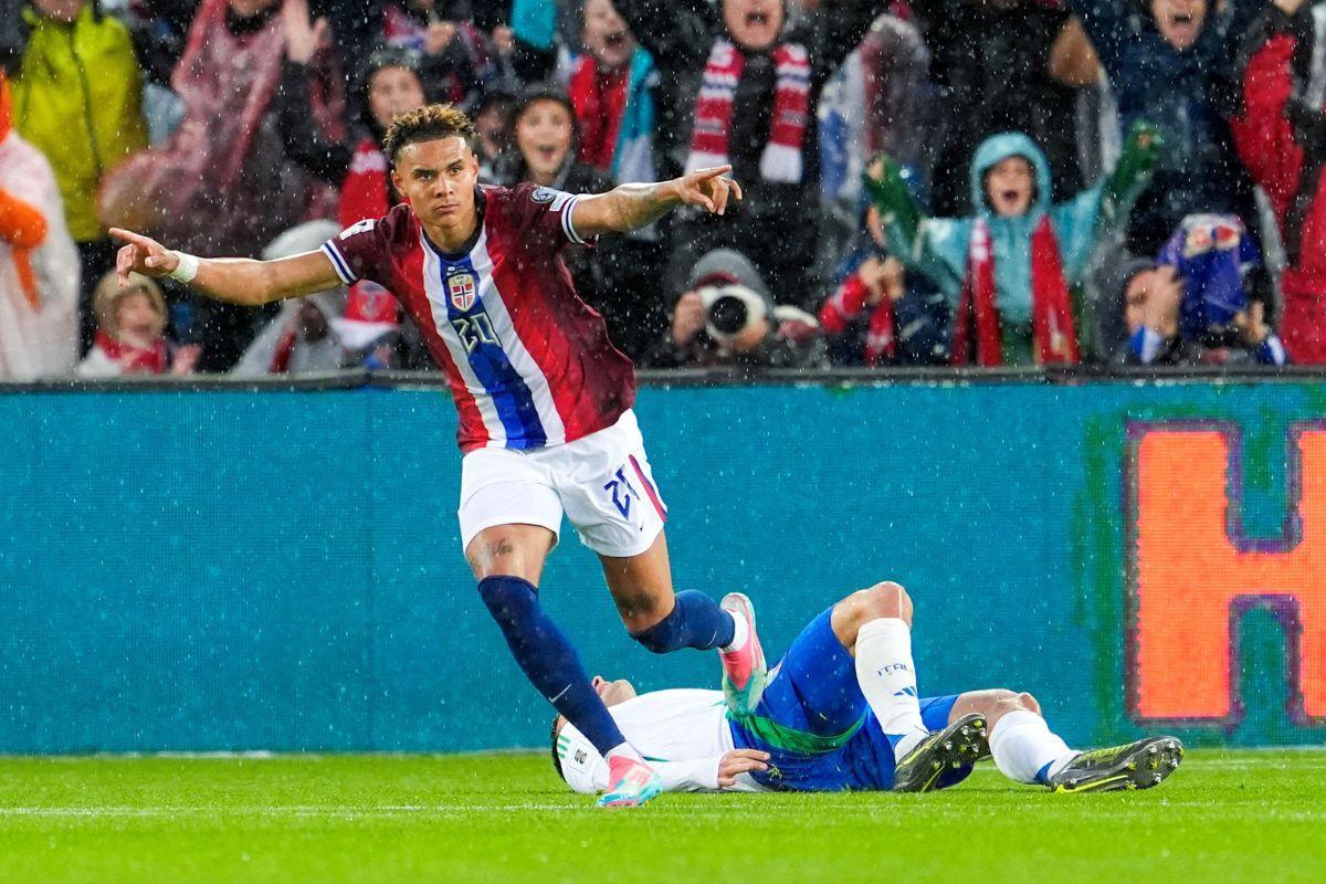 Norway's Antonio Nusa celebrates scoring their second goal against Italy at  Ullevaal Stadion, Oslo, Norway